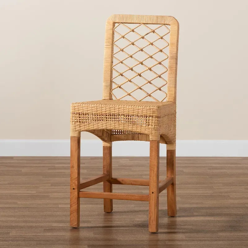 Modern Bohemian Natural Brown Rattan and Wood Counter Stool