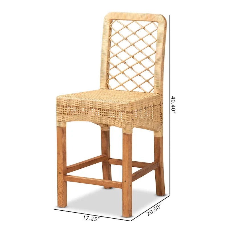 Modern Bohemian Natural Brown Rattan and Wood Counter Stool