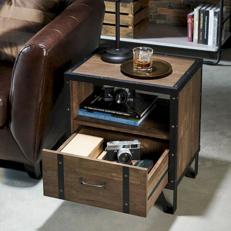 Industrial Oak 17 Inch Metal 1-Drawer End Table
