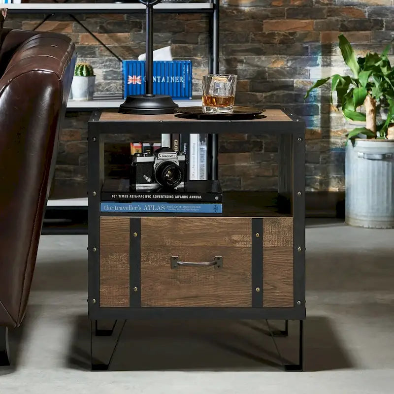 Industrial Oak 17 Inch Metal 1-Drawer End Table