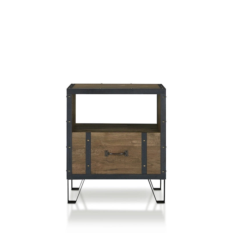 Industrial Oak 17 Inch Metal 1-Drawer End Table