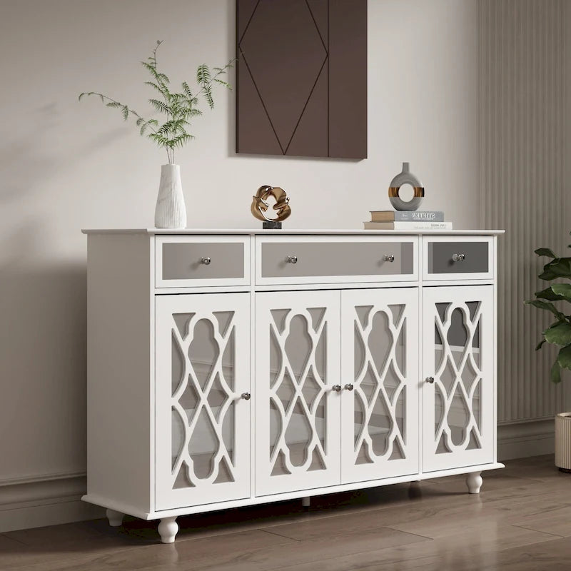 Mirrored Credenza Cabinet with Drawers and Doors