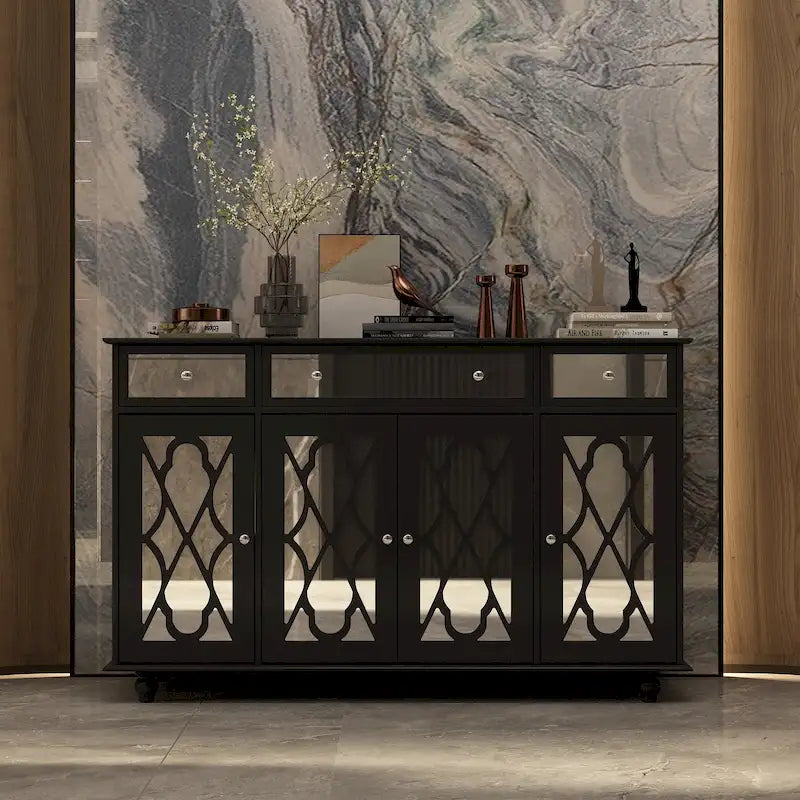 Mirrored Credenza Cabinet with Drawers and Doors