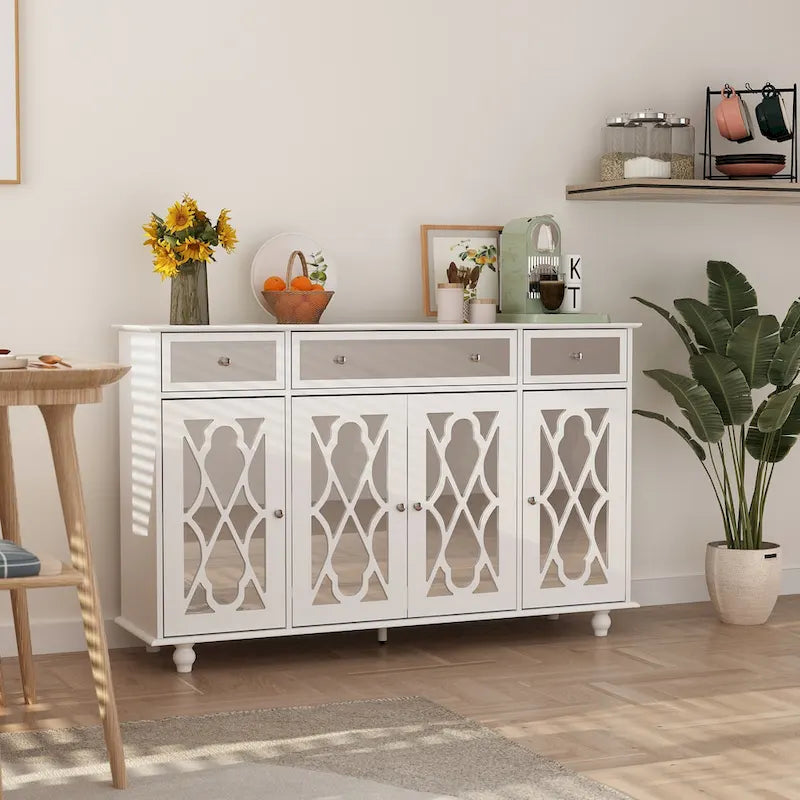 Mirrored Credenza Cabinet with Drawers and Doors