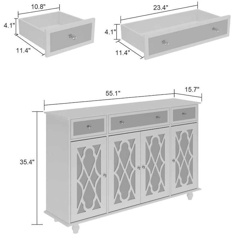 Mirrored Credenza Cabinet with Drawers and Doors