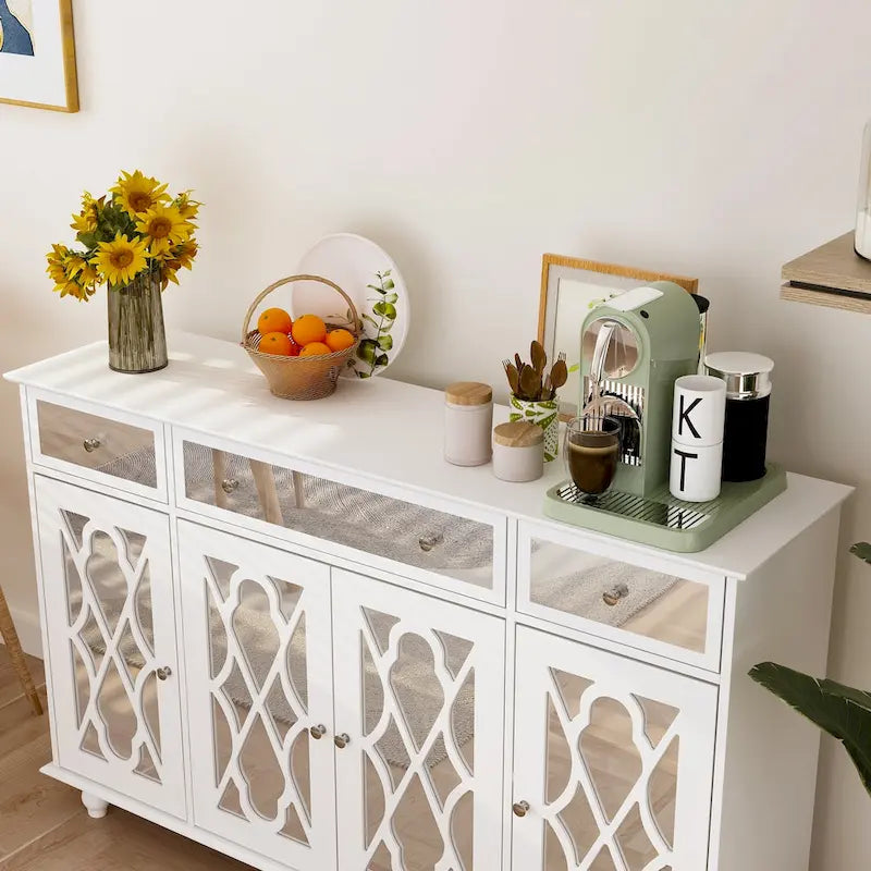 Mirrored Credenza Cabinet with Drawers and Doors