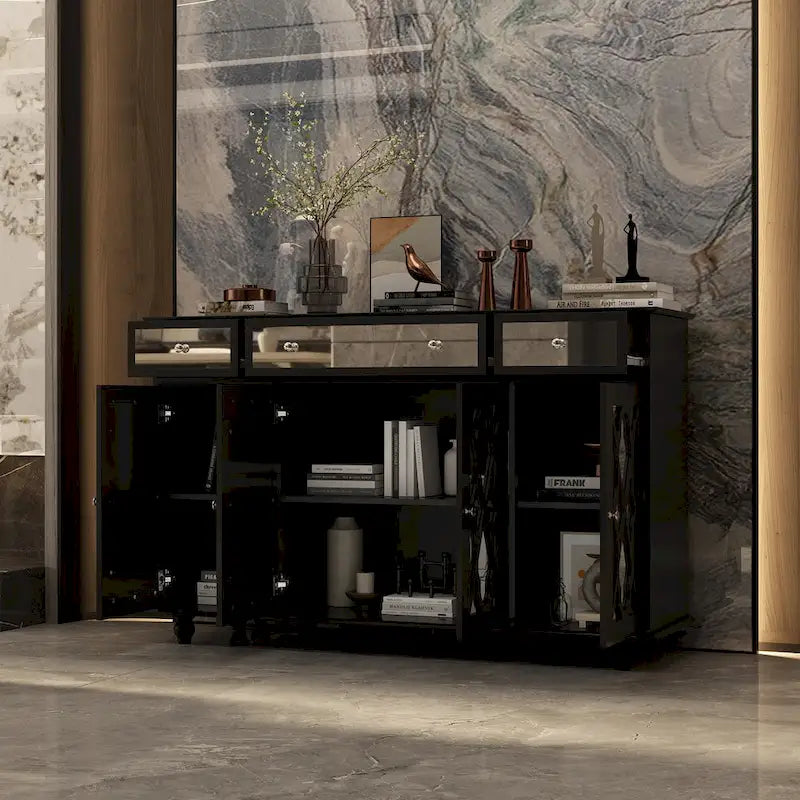 Mirrored Credenza Cabinet with Drawers and Doors