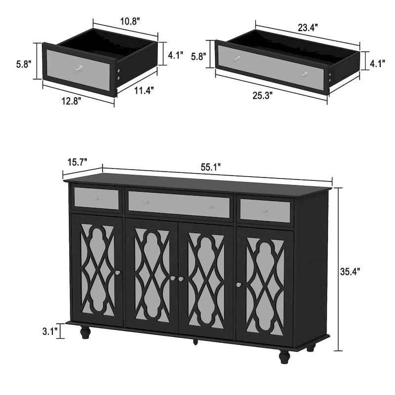 Mirrored Credenza Cabinet with Drawers and Doors