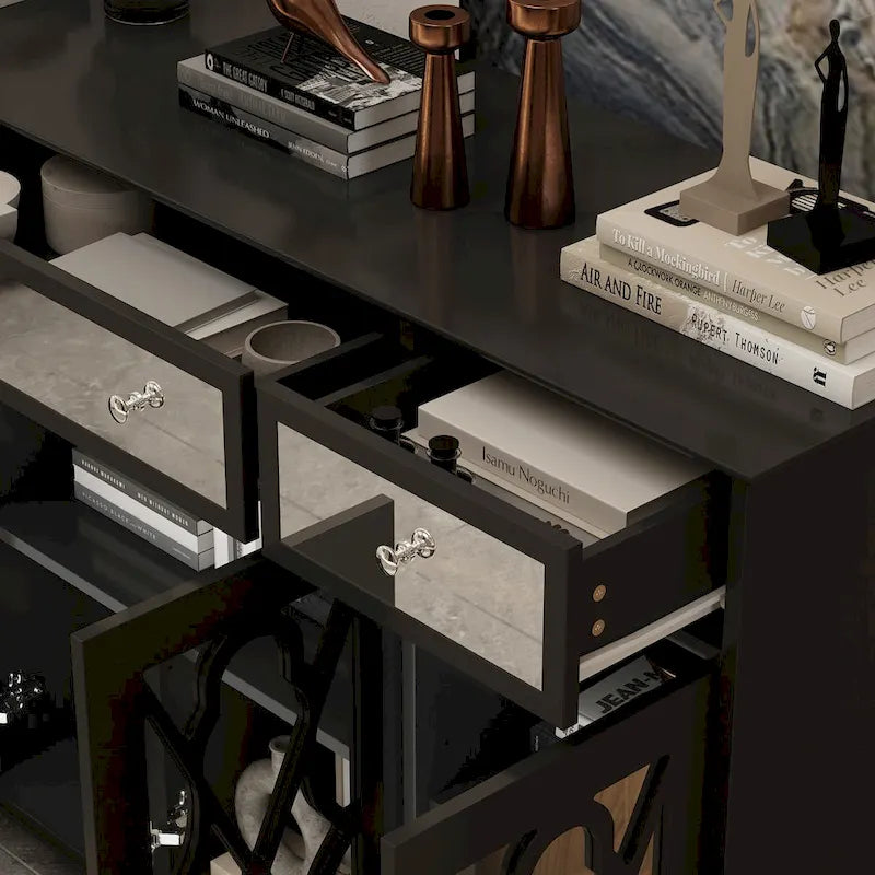 Mirrored Credenza Cabinet with Drawers and Doors