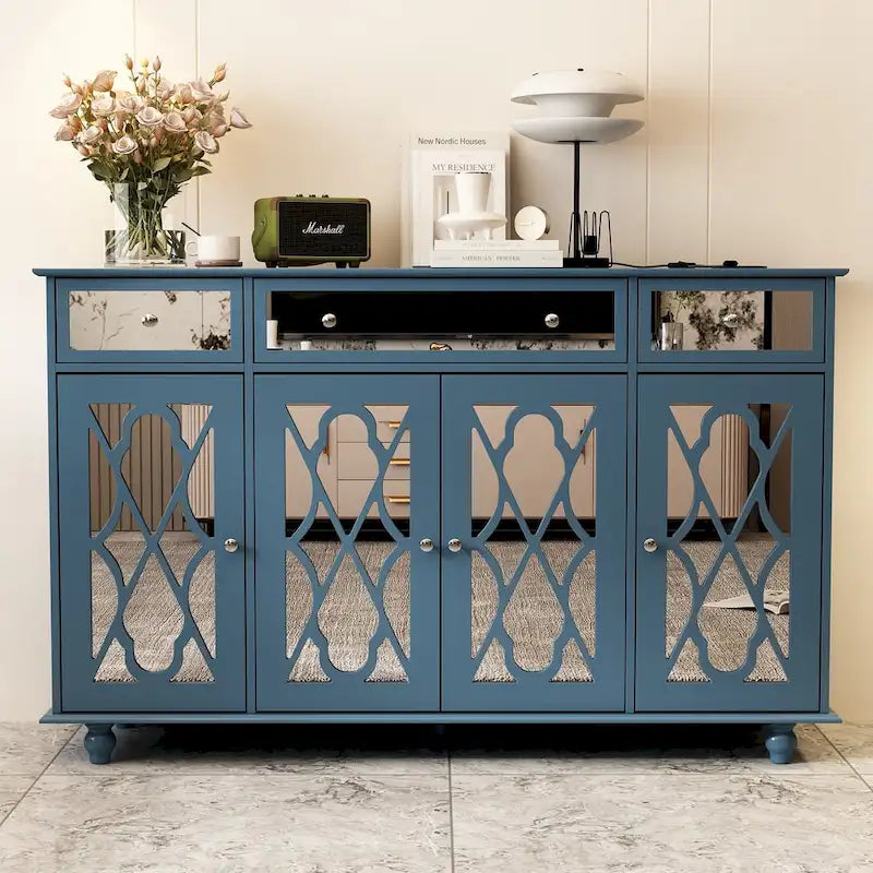 Mirrored Credenza Cabinet with Drawers and Doors