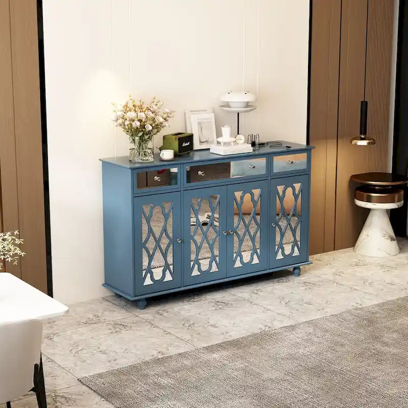 Mirrored Credenza Cabinet with Drawers and Doors