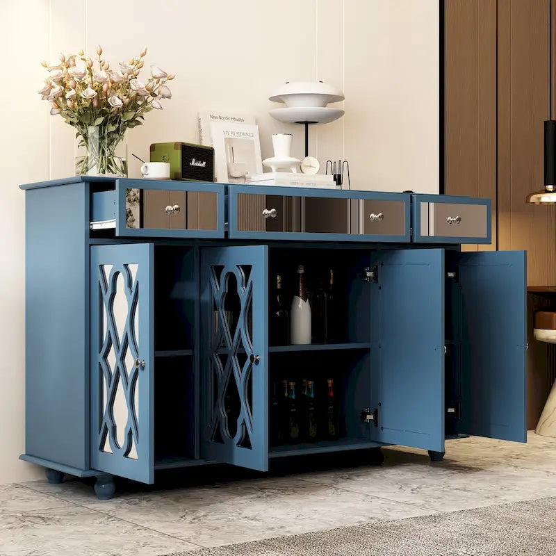 Mirrored Credenza Cabinet with Drawers and Doors
