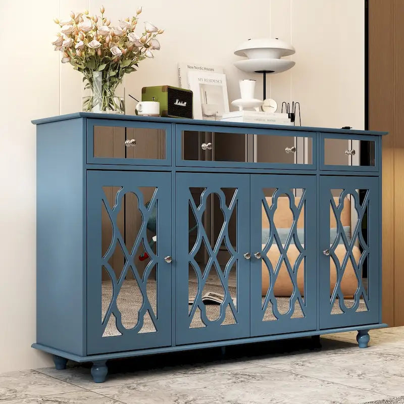 Mirrored Credenza Cabinet with Drawers and Doors
