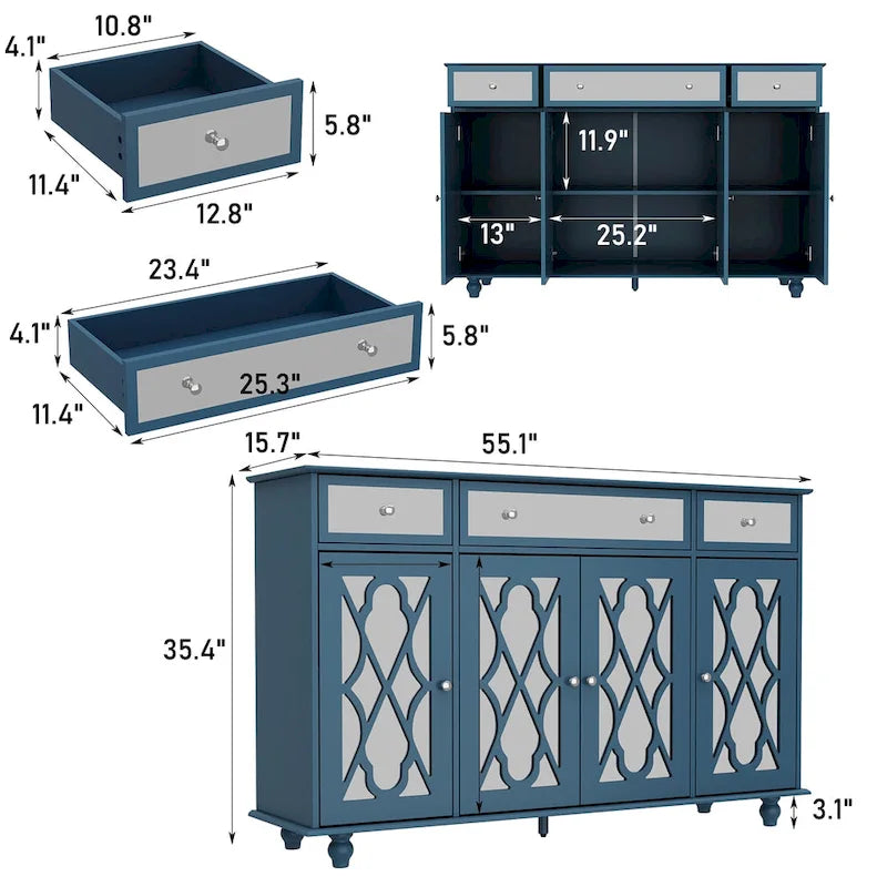 Mirrored Credenza Cabinet with Drawers and Doors