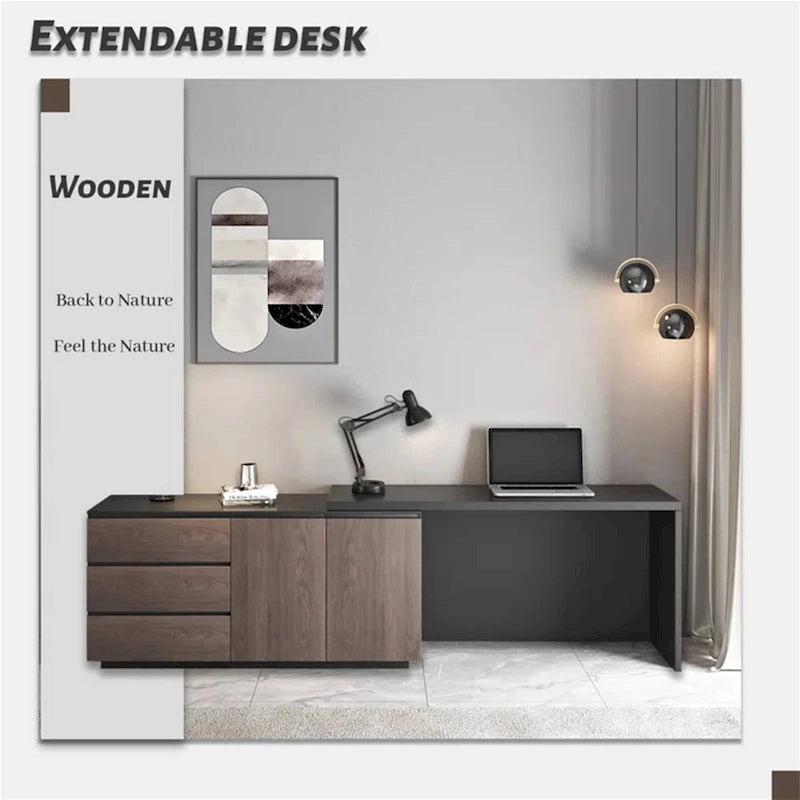 Home Office Expandable Desk with Drawers for Storage