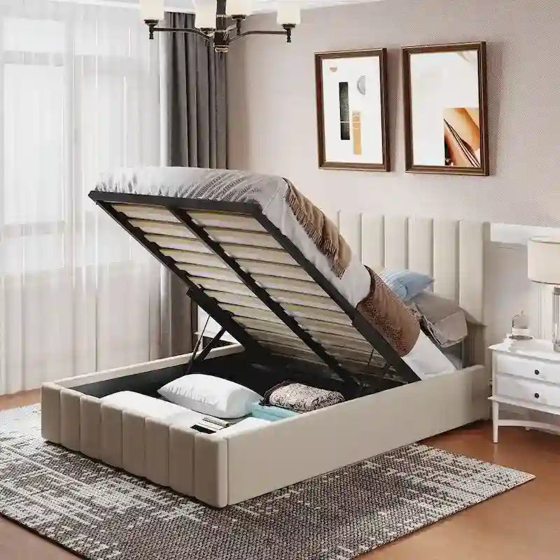 Upholstered Platform Bed with Hydraulic Storage System