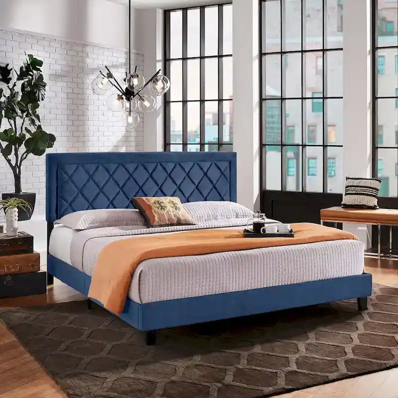 Velvet Fabric Platform Bed, Modern Style