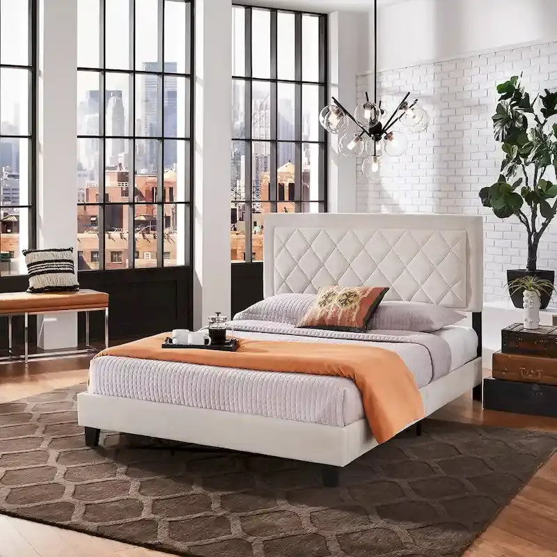 Velvet Fabric Platform Bed, Modern Style