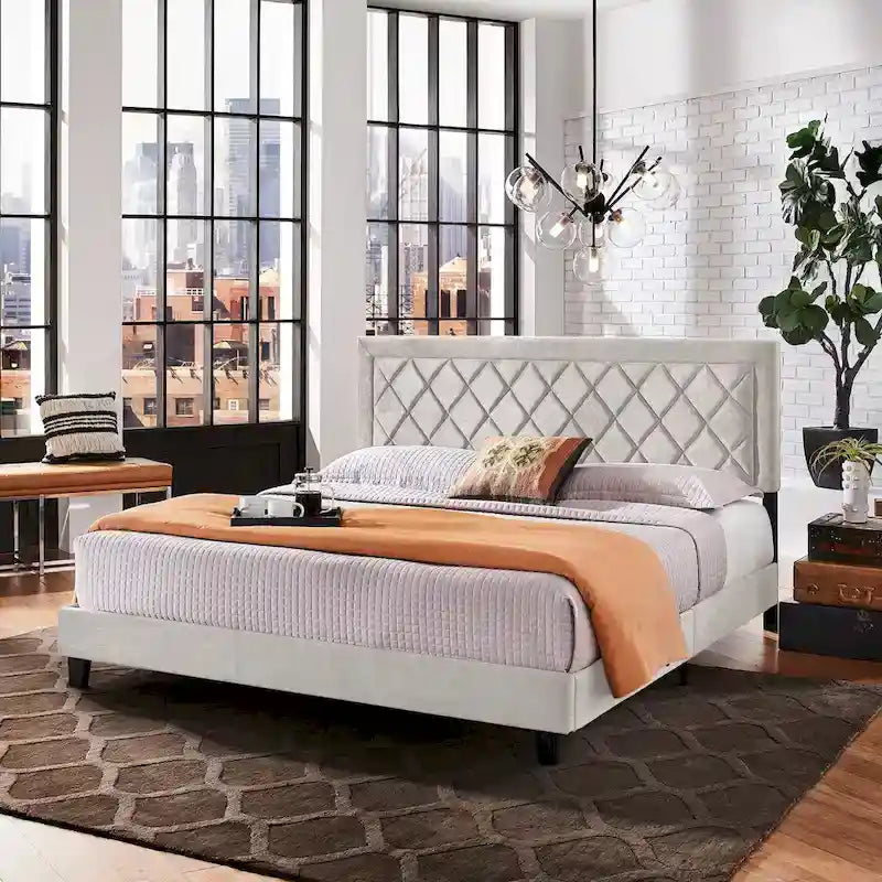 Velvet Fabric Platform Bed, Modern Style