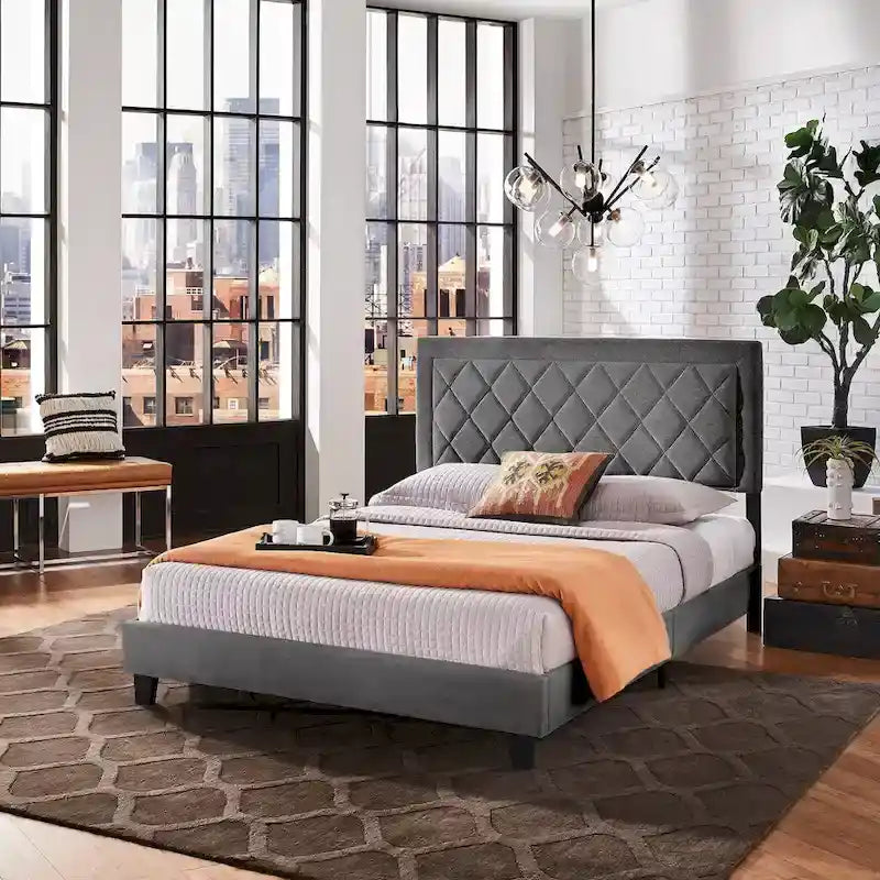 Velvet Fabric Platform Bed, Modern Style