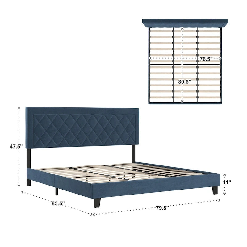 Velvet Fabric Platform Bed, Modern Style