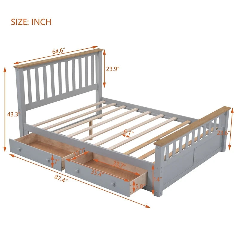 Queen Size Wood Platform Bed with Two Drawers and Wooden Slat Support, Gray/Natural