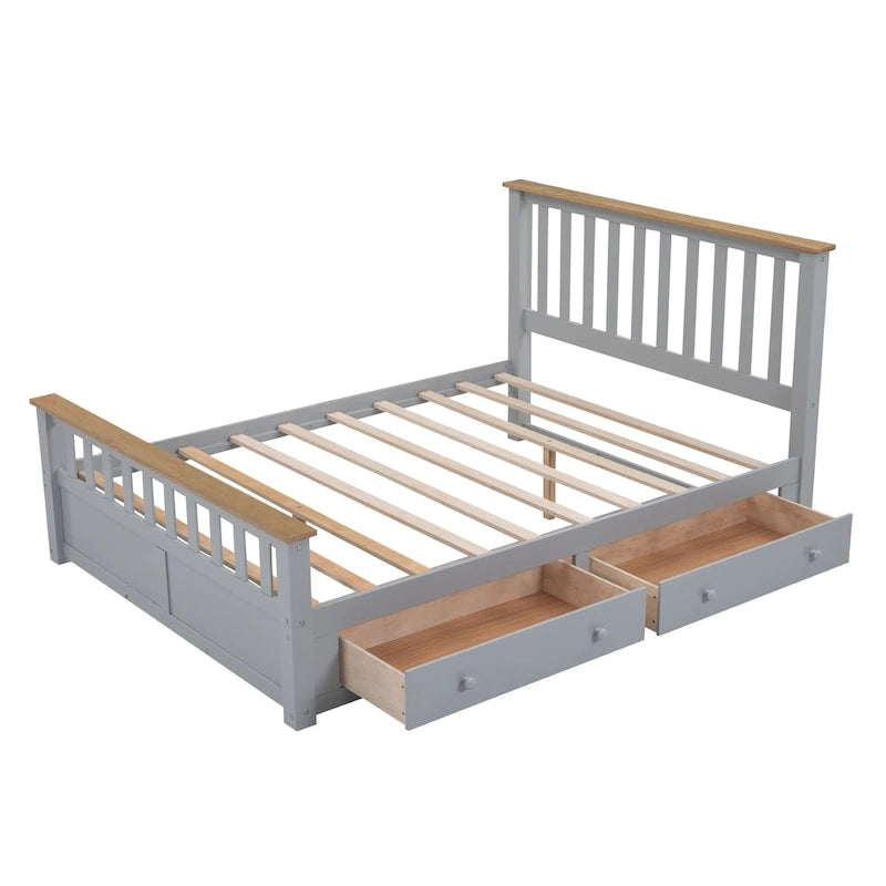 Queen Size Wood Platform Bed with Two Drawers and Wooden Slat Support, Gray/Natural