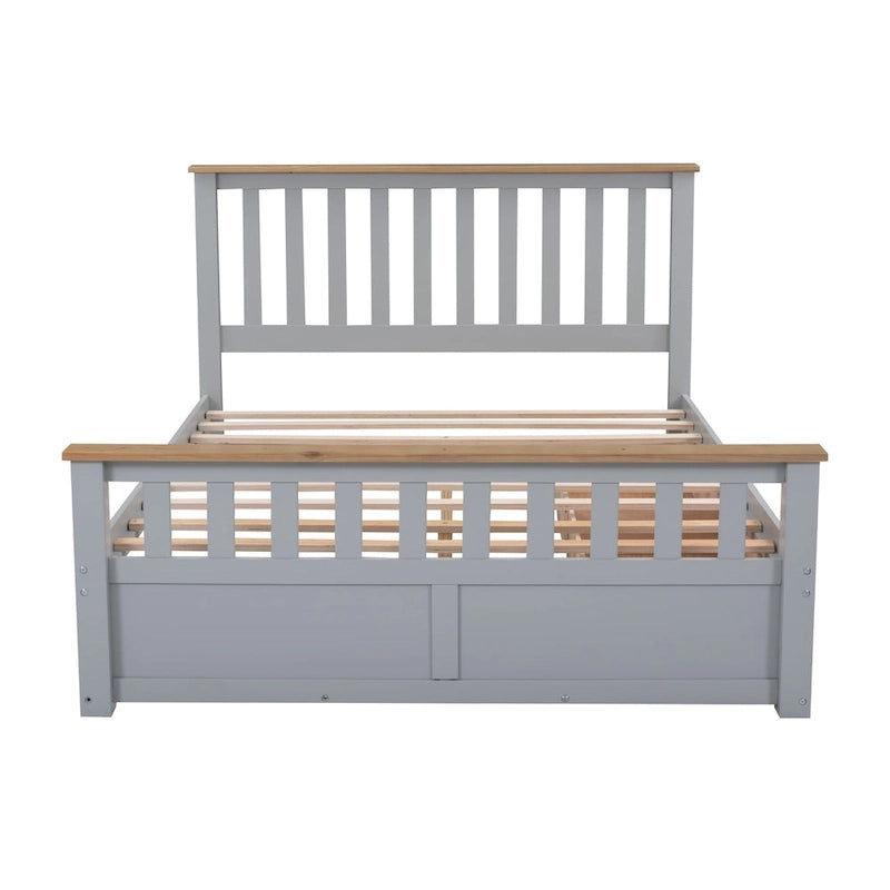 Queen Size Wood Platform Bed with Two Drawers and Wooden Slat Support, Gray/Natural
