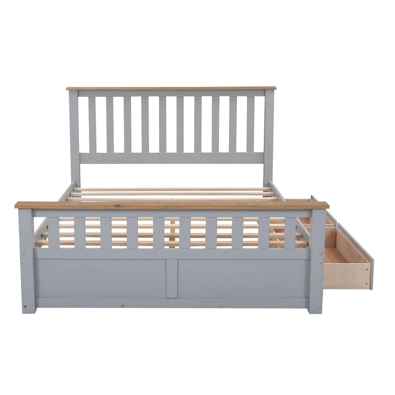 Queen Size Wood Platform Bed with Two Drawers and Wooden Slat Support, Gray/Natural