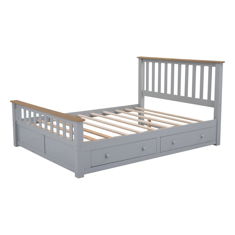 Queen Size Wood Platform Bed with Two Drawers and Wooden Slat Support, Gray/Natural
