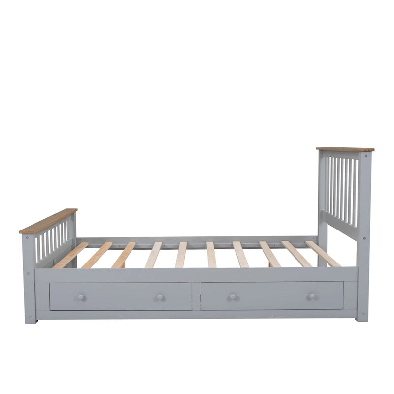 Queen Size Wood Platform Bed with Two Drawers and Wooden Slat Support, Gray/Natural