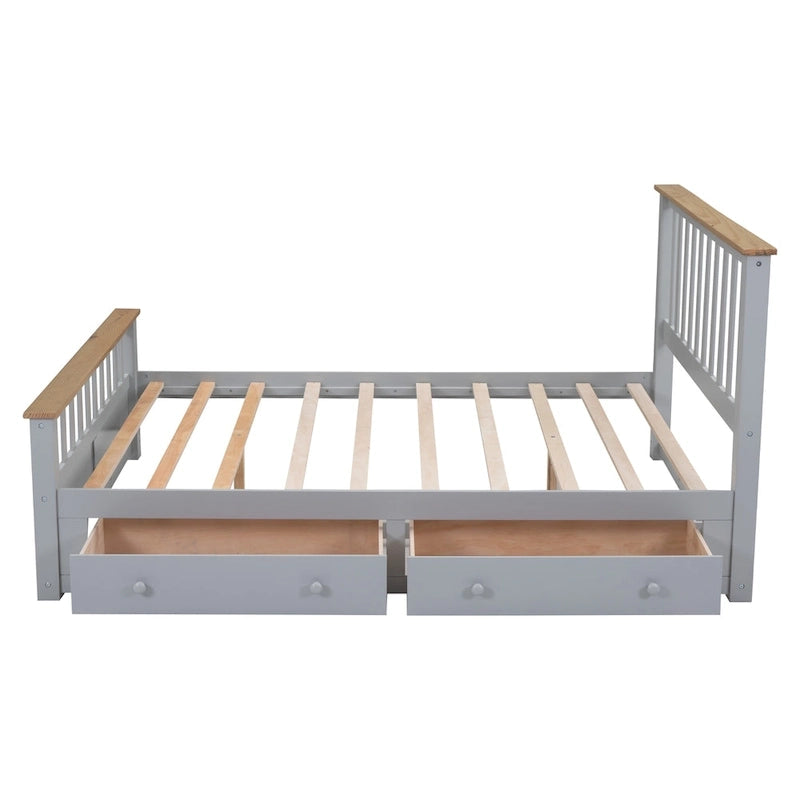 Queen Size Wood Platform Bed with Two Drawers and Wooden Slat Support, Gray/Natural