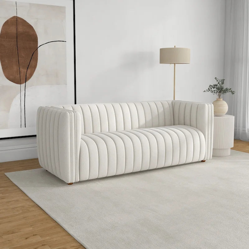 Mid Century Modern Tight Tufted Back French Boucle Couch in Cream