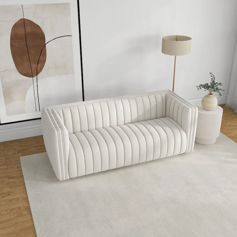 Mid Century Modern Tight Tufted Back French Boucle Couch in Cream