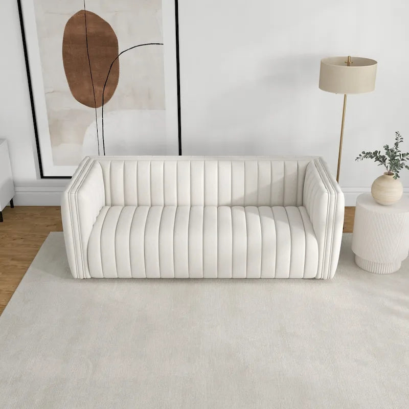 Mid Century Modern Tight Tufted Back French Boucle Couch in Cream