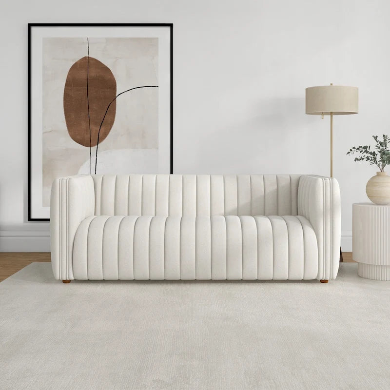Mid Century Modern Tight Tufted Back French Boucle Couch in Cream