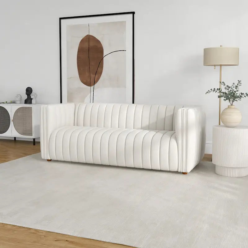 Mid Century Modern Tight Tufted Back French Boucle Couch in Cream