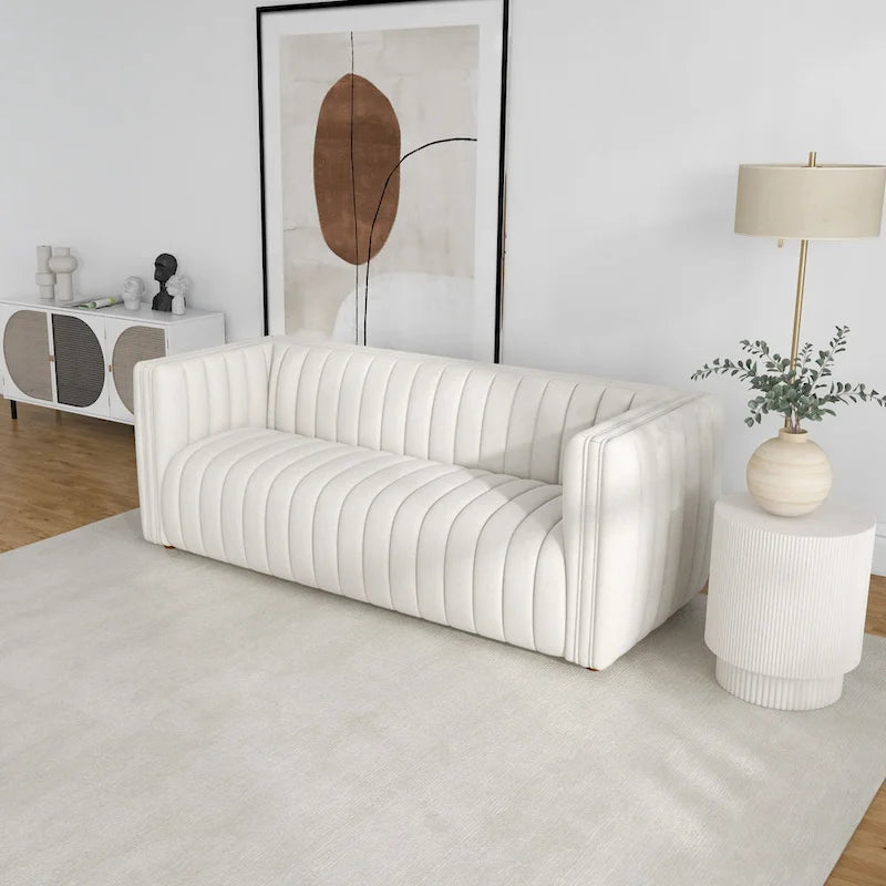 Mid Century Modern Tight Tufted Back French Boucle Couch in Cream