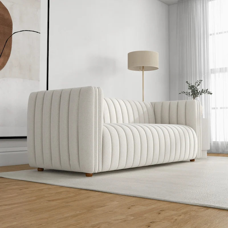 Mid Century Modern Tight Tufted Back French Boucle Couch in Cream