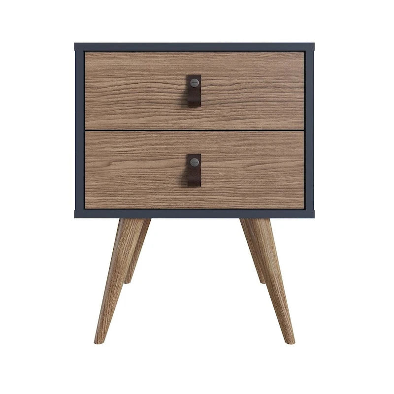 Nightstand with Faux Leather Handles in Blue and Natural