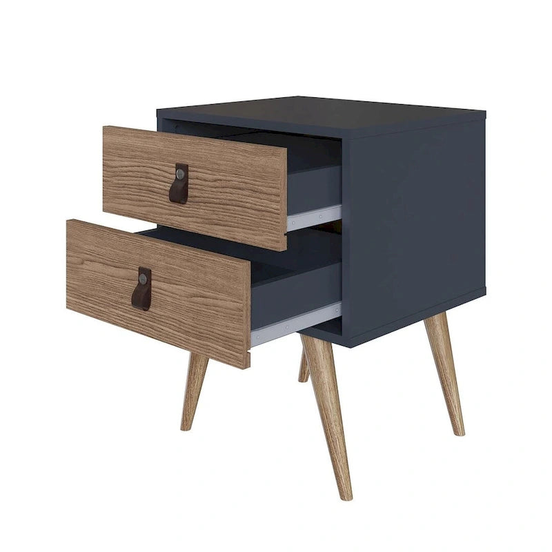 Nightstand with Faux Leather Handles in Blue and Natural