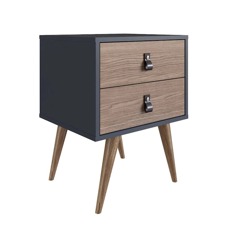 Nightstand with Faux Leather Handles in Blue and Natural