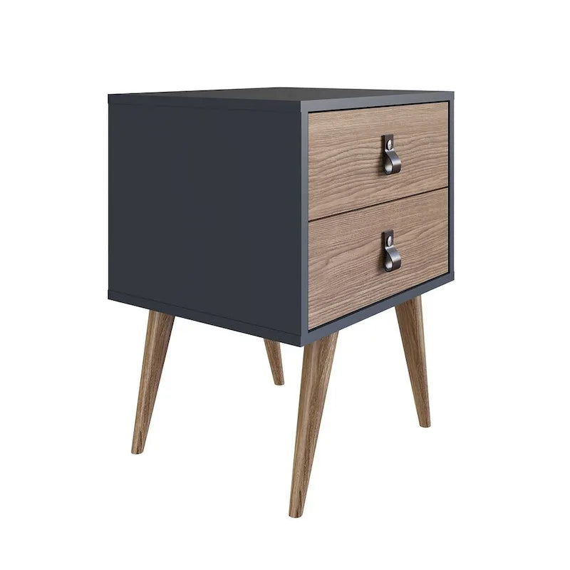 Nightstand with Faux Leather Handles in Blue and Natural
