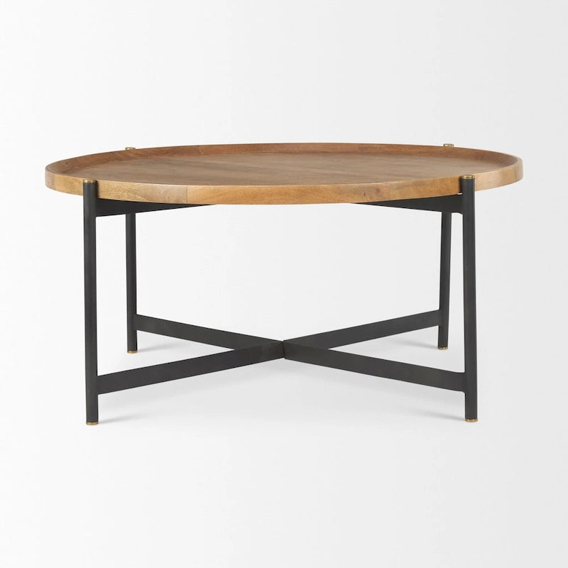 Medium Brown Solid Wood 42 Inch Round Coffee Table with Black Iron Frame - 42 L x 42 W x 19 H Inches
