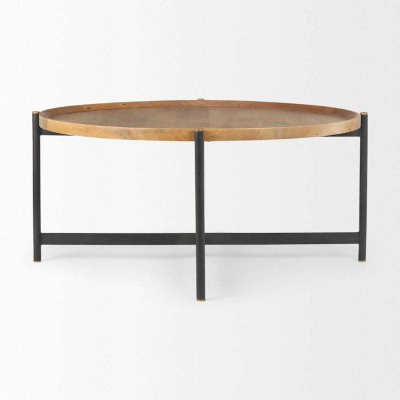 Medium Brown Solid Wood 42 Inch Round Coffee Table with Black Iron Frame - 42 L x 42 W x 19 H Inches