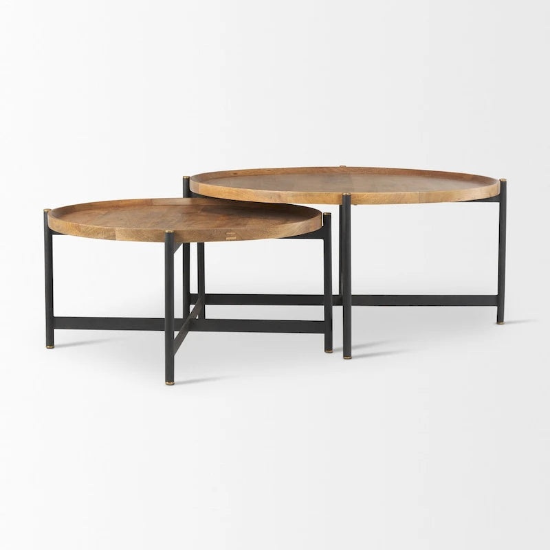 Medium Brown Solid Wood 42 Inch Round Coffee Table with Black Iron Frame - 42 L x 42 W x 19 H Inches