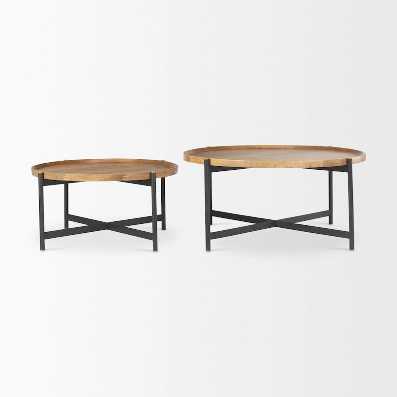 Medium Brown Solid Wood 42 Inch Round Coffee Table with Black Iron Frame - 42 L x 42 W x 19 H Inches