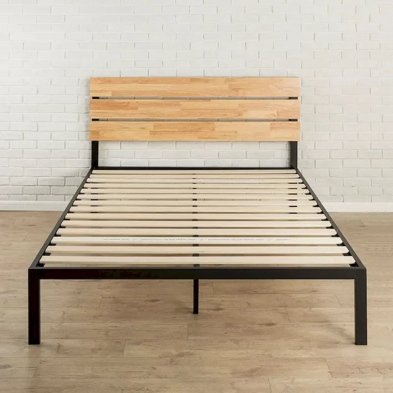 King Size Modern Metal Platform Bed Frame with Wood Headboard and Slats