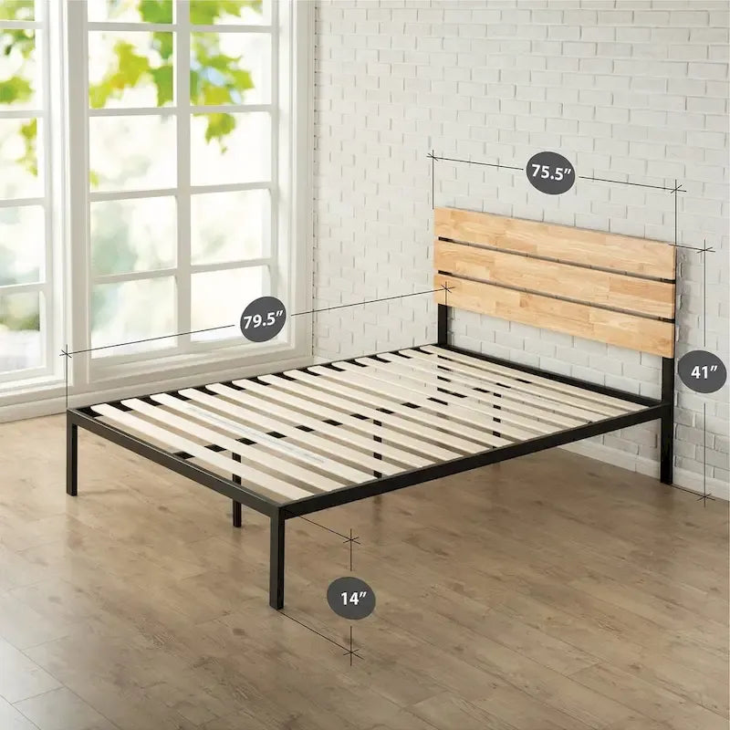 King Size Modern Metal Platform Bed Frame with Wood Headboard and Slats
