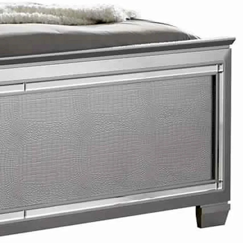 Textured Queen Size Bed with Silver Trim Accents, Beige